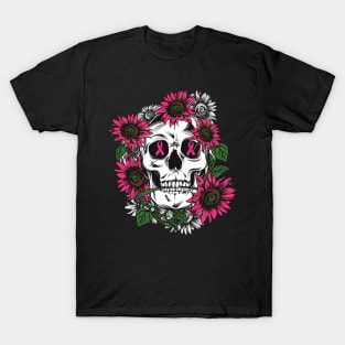 breast cancer pink sunflower skull T-Shirt